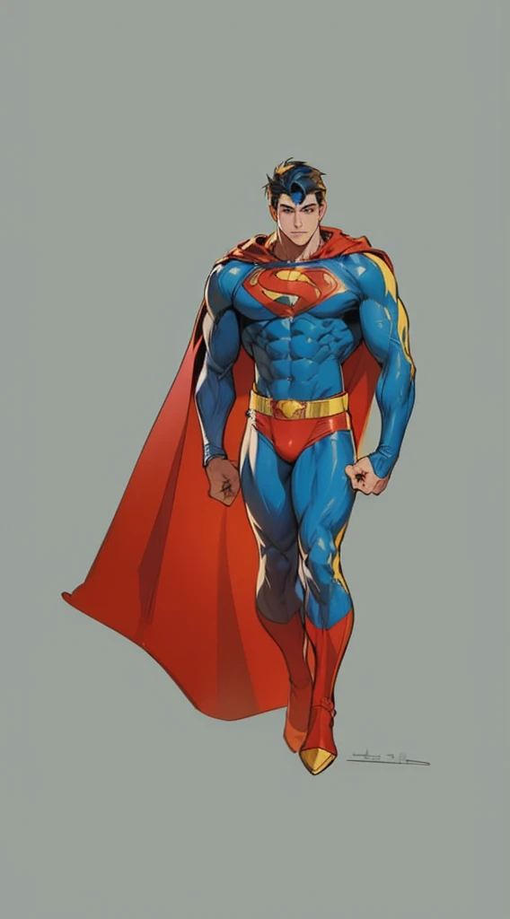 Hold the pose, but draw with flat colors, cel shading, limited color palette and simplified lighting. The body must be muscular and athletic, superhero outfit with cape and long hair.