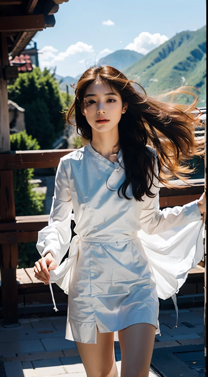 a beautiful young Persian woman standing atop a majestic mountain, She is wearing a white transparent top,The bright red skirt flutters in the wind. Look closely at the details of her facial features.:
Face: Render her face with a delicate and alluring expression, Highlighting her youthful beauty.Eye: 让她的Eye闪耀迷人的光芒, Perhaps reflecting the reverence for the natural environment.ear: 突出她精致的ear, Barely visible under the flowing long hair.jaw: with a soft, graceful contour.nose: 用微妙的精致来塑造她的nose, Enhance her overall facial. Large Breasts: Showing off her figure with elegance, showcasing a natural and graceful curvature.Hips: 强调她的Hips, enhancing her femininity and grace.leg: Paint her legs with a sense of strength and poise, The wind blew harder.Hands: Detail her graceful hands, 也许轻轻地抚摸她的上衣或hair.hair: Creating Flow, wind-swept hair that frames her face and adds to the sense of movement and beauty in the scene. 丰满曲线的Hips . 大leg粗壮 .
The setting should be a breathtaking mountain landscape with sweeping vistas, and the wind should play a central role in the composition, gently tousling her hair and clothing. The painting should evoke a sense of natural beauty, grace, and