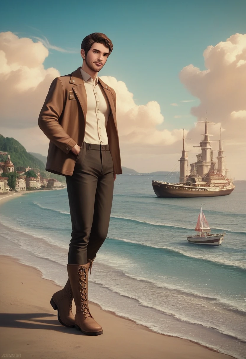 A 35 years old man, with a black pants,white social shirt, italian background, hands on the pocket, a brown jacket with a collar and buttons, brown jacket, clothes, very aesthetic jacket, clothing and boots, brown jacket,jacket, short brown jacket, brown jacket with long sleeves, and suede, jackets, brown clothes, jerkin, western clothing, brown shirt, clothing photography ,amazing italian background, 4k, realistic ,boats are docked in the water near a town on a hill, italian mediterranean city, mediterranean island scenery, italy, southern european scenery, gulf of naples, beautiful italian beach scene, mediterranean city, capri coast, fantasy italy, naples, mediterranean, beautiful place, mediterranean vista, beauitful, incredibly beautiful, unknown, beautiful high resolution, happy italian beach scene, imposing
