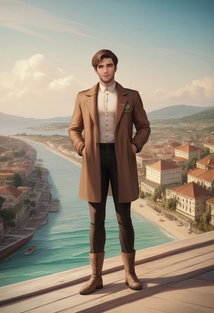 A 35 years old man, with a black pants,white social shirt, italian background, hands on the pocket, a brown jacket with a collar and buttons, brown jacket, clothes, very aesthetic jacket, clothing and boots, brown jacket,jacket, short brown jacket, brown jacket with long sleeves, and suede, jackets, brown clothes, jerkin, western clothing, brown shirt, clothing photography ,amazing italian background, 4k, realistic ,boats are docked in the water near a town on a hill, italian mediterranean city, mediterranean island scenery, italy, southern european scenery, gulf of naples, beautiful italian beach scene, mediterranean city, capri coast, fantasy italy, naples, mediterranean, beautiful place, mediterranean vista, beauitful, incredibly beautiful, unknown, beautiful high resolution, happy italian beach scene, imposing
