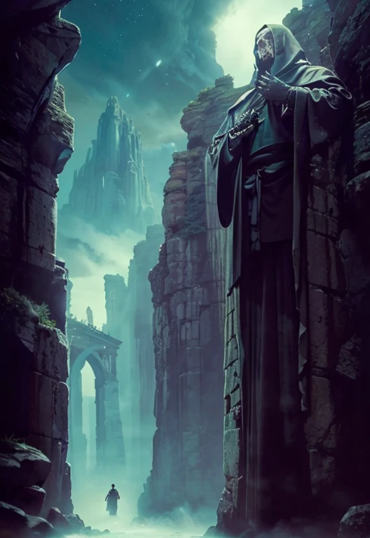 Dark trail between two rocky cliffs, It has on its two walls rows of mega skeletal rock statues of dark monks in cassocks