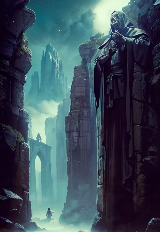 Dark trail between two rocky cliffs, It has on its two walls rows of mega skeletal rock statues of dark monks in cassocks
