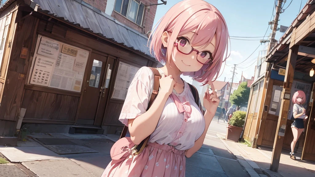 1girl,musical note pattern ,train,station ,pastel pink hair,brown eye,bob hair,standing, beckoning, full body,red frame eyewear,big breasts,smile