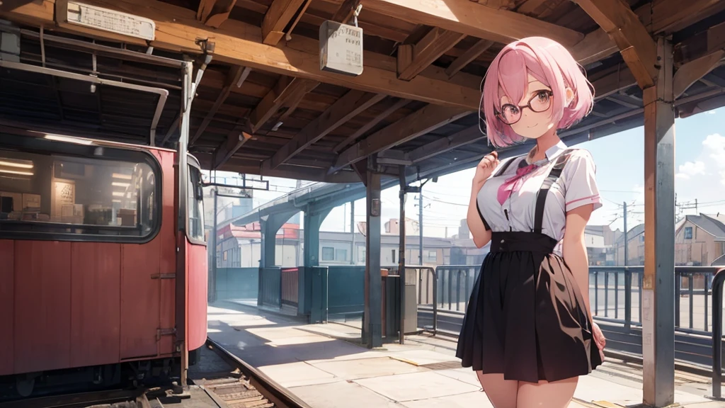 1girl,musical note pattern ,train,station ,pastel pink hair,brown eye,bob hair,standing, beckoning, full body,red frame eyewear,big breasts,smile
