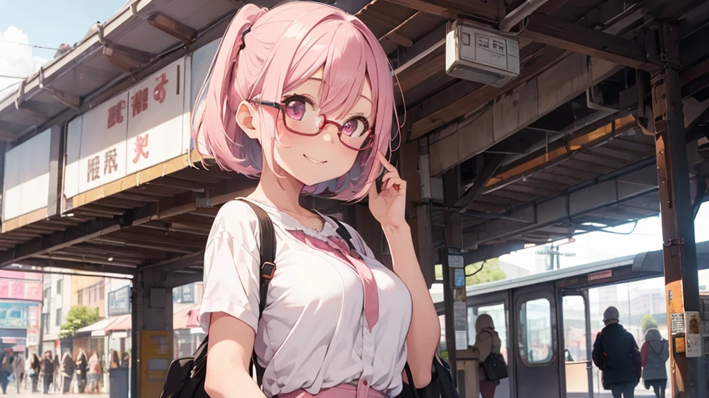 solo,whole body,Right leaning,Light pink hair,Bob Hair,Red Glasses,musical note pattern,station,train,smile,Big Breasts,cute,wave hands