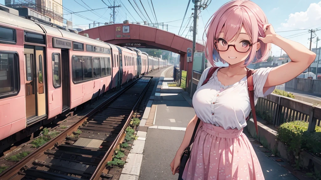 1girl,musical note pattern ,train,station ,pastel pink hair,brown eye,bob hair,standing, beckoning, full body,red frame eyewear,big breasts,smile
