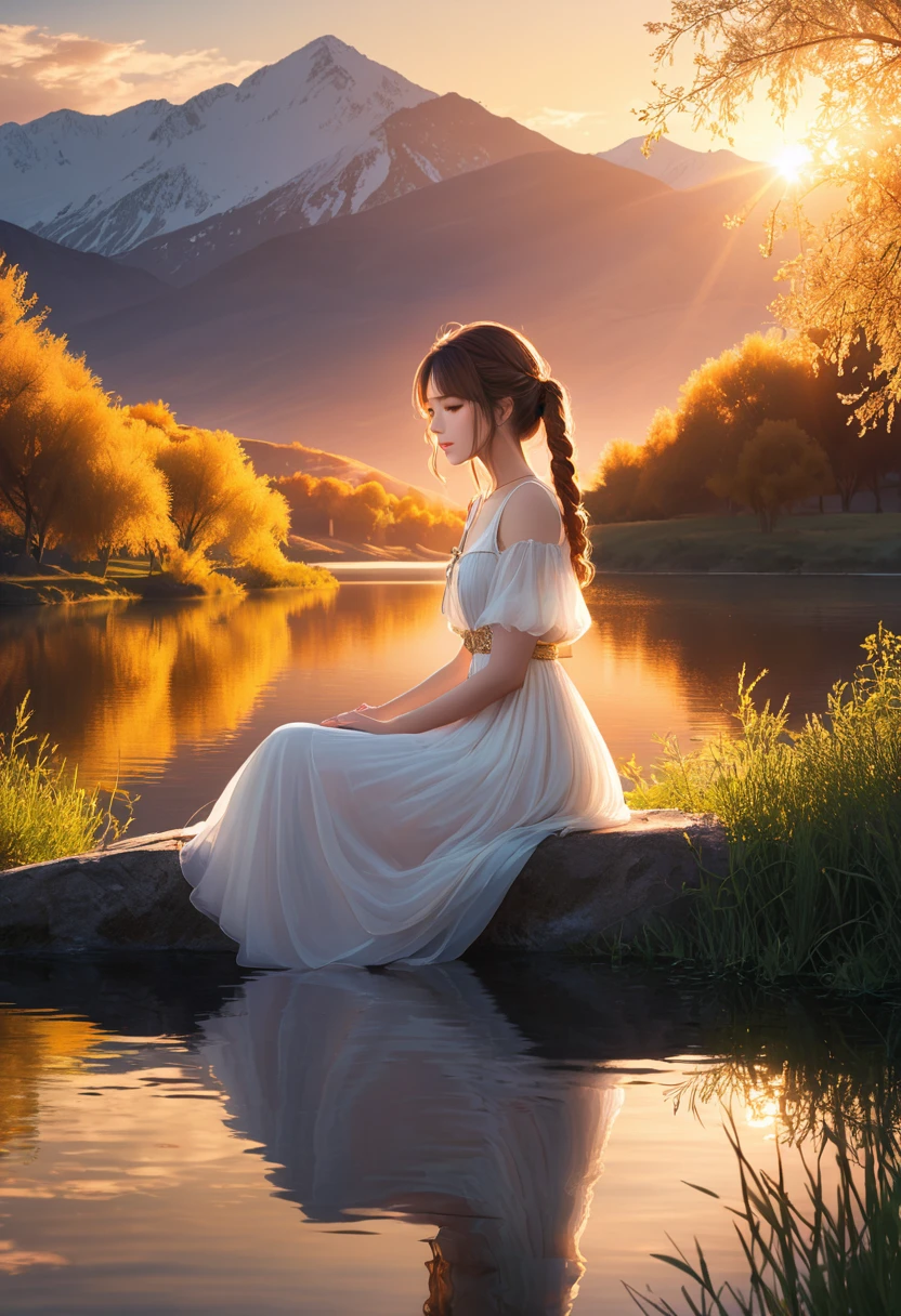 1 girl, Calm expression, Charming eyes, long_twintails, floating dress, Maintain a balanced posture, Porcelain skin, faint blush, Crystal PendantBREAK Golden Hour, (Rim Light):1.2, Warm colors, Solar flares, Soft shadows, Vibrant colors, Effect, A lake with a dreamy atmosphere, Distant Mountains, willow, Calm Water, reflection, Sun shining clouds, Peaceful atmosphere, Idyllic sunset, Extremely detailed, Official Art, Unity 8K wallpaper , tangled, Mandala