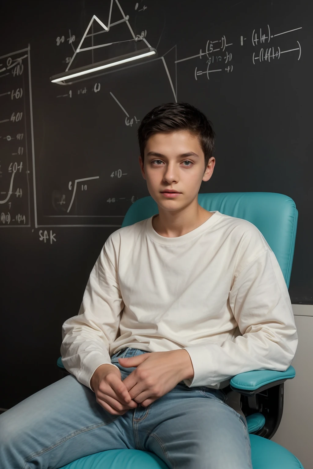 A cute young male twink wearing a bright white long-sleeved shirt and aqua blue jeans. He has black hair and is in his medical office. Behind him is a blackboard with mathematical equations written on it and the shape of a brain emitting neon energy. He is sitting on a luxurious chair and in his hand is the Nobel Prize in Medicine.