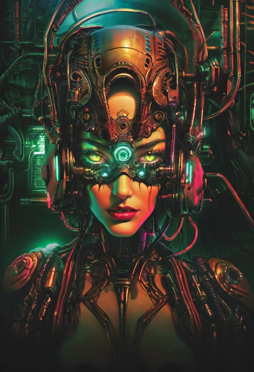 a sexy female cyborg, retro graphics, nsfw, magazine cover, poster art, Lovecraftian horror theme, bold huge text, matted design layout, intricate cyberpunk details, highly detailed face and eyes, flawless skin, metallic cyborg body parts, dark moody atmosphere, dramatic lighting, cinematic composition, vibrant neon colors, glowing technological elements