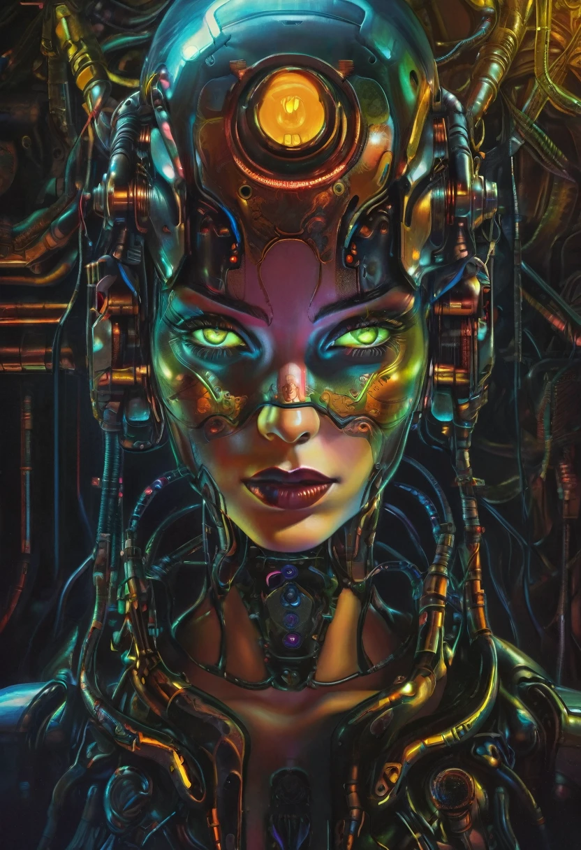 a sexy female cyborg, retro graphics, nsfw, magazine cover, poster art, Lovecraftian horror theme, bold huge text, matted design layout, intricate cyberpunk details, highly detailed face and eyes, flawless skin, metallic cyborg body parts, dark moody atmosphere, dramatic lighting, cinematic composition, vibrant neon colors, glowing technological elements
