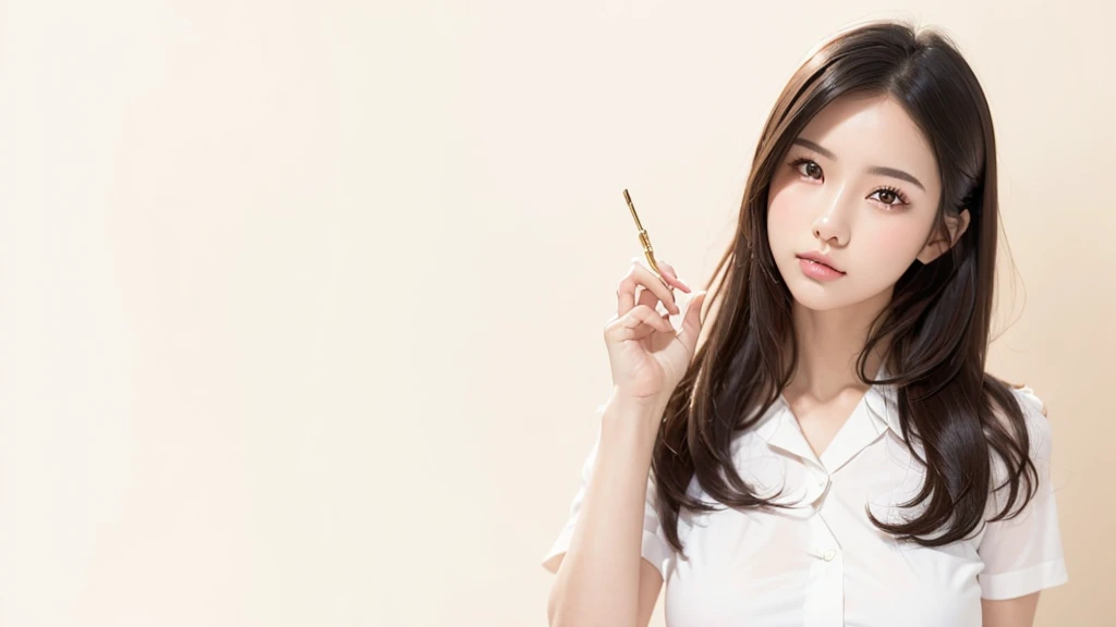 (masterpiece:1.3), (8K, Realistic, RAW Photos, Highest quality: 1.4), Japanese, (1 Girl), Age 25, Beautiful Face, (Realistic Face), (Black Hair, Long Hair:1.3), Beautiful hairstyle, Realistic eyes, Beautiful Eyes, Beautiful Eyes, (Realistic Skin), Beautiful Skin, Charm, Ultra High resolution, High resolution, Portraiture, Golden Ratio, Detail Makeup, Big Breasts, (Shoulder look), Cleavage, Black business suit, Open collar