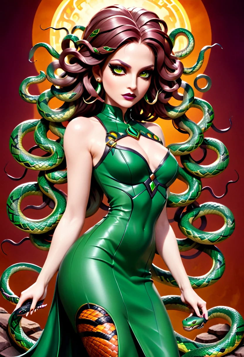 dark fantasy art a medusa having snake twin tails, a most beautiful medusa, reptilian eyes, pale skin, having twin tails, ((twin tails are made from living snakes: 1.3)) on the medusa head, she wears intricate leather dress, thigh high heeled boots, modern bar background,  dynamic range, vibrant, Ultra-high resolution, High Contrast, (masterpiece:1.5), highest quality, Best aesthetics), best details, best quality, highres, ultra wide angle, 16k, [ultra detailed], masterpiece, best quality, (extremely detailed), Intense Gaze