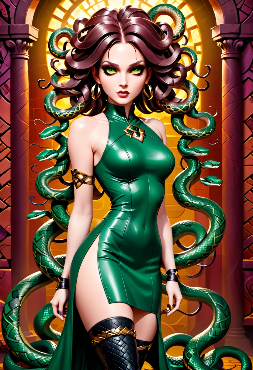 dark fantasy art a medusa having snake twin tails, a most beautiful medusa, reptilian eyes, pale skin, having twin snake braids, ((only two braids made from living snakes: 1.3)) on the medusa head, she wears intricate leather dress, thigh high heeled boots, modern bar background,  dynamic range, vibrant, Ultra-high resolution, High Contrast, (masterpiece:1.5), highest quality, Best aesthetics), best details, best quality, highres, ultra wide angle, 16k, [ultra detailed], masterpiece, best quality, (extremely detailed), Intense Gaze, Medusa, sn4k3h41r, snake hair,