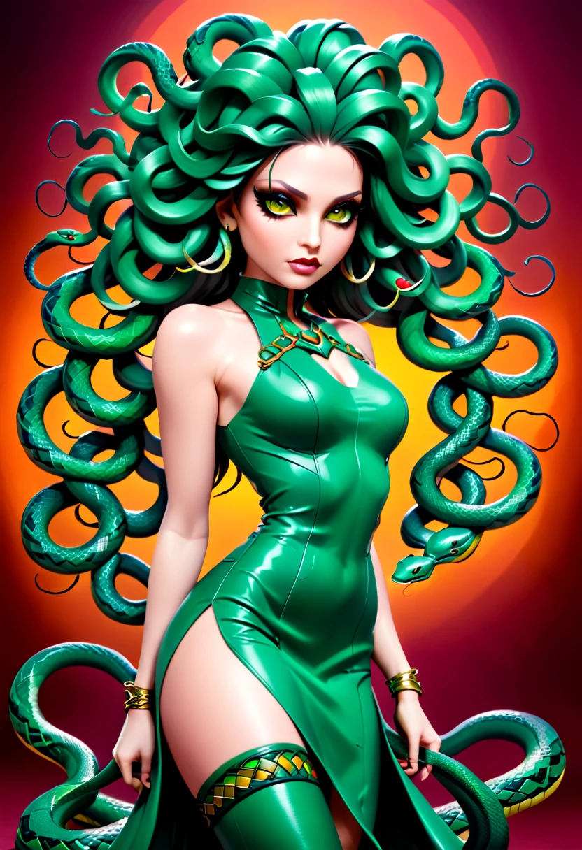 dark fantasy art a medusa having snake twin tails, a most beautiful medusa, reptilian eyes, pale skin, having twin snake braids, ((only two braids made from living snakes: 1.3)) on the medusa head, she wears intricate leather dress, thigh high heeled boots, modern bar background,  dynamic range, vibrant, Ultra-high resolution, High Contrast, (masterpiece:1.5), highest quality, Best aesthetics), best details, best quality, highres, ultra wide angle, 16k, [ultra detailed], masterpiece, best quality, (extremely detailed), Intense Gaze, Medusa, sn4k3h41r, snake hair,