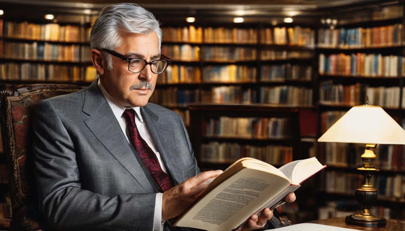 Picture of a gray-haired middle-aged man in a suit and glasses reading a book in a library with dim lights and lamps on with books in the background and a book in his hands sitting in an armchair. Angle of a document photo 