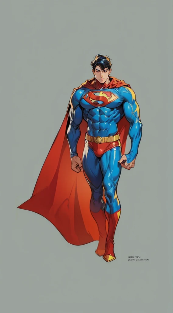 Hold the pose, but draw with flat colors, cel shading, limited color palette and simplified lighting. The body must be muscular and athletic, superhero outfit with cape and long hair.
