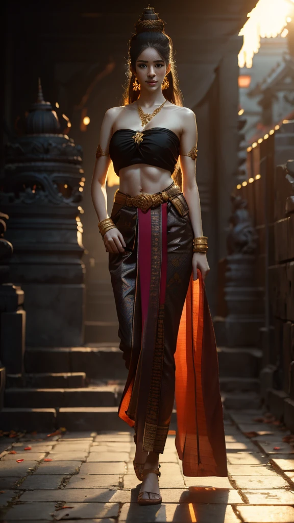 Beautiful girl, Thai female warrior, walking in a Thai temple, dynamic pose, Thai chat outfit, strapless shirt, long hair, black eyes, abdominal muscles, thin body, round chest. (Big breasts:1.3) Small cleavage, thighs, long legs, morning sun, staring at the viewer. (sexy pose) ((face details)) Double eyelid, finished, realistic, masterpiece, highest quality, lens flare, shadow, old temple, temple [ [Chromatic aberration]], โดย Jeremy Lipking, by Antonio J... Manzanedo, Digital Painting, HDR, high contrast, Covered with a long, thin sash., Beautiful shape,