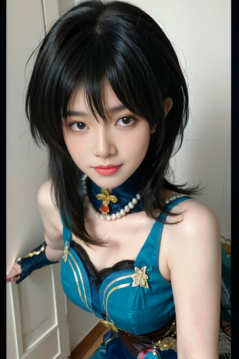 best quality, tmasterpiece,Ultra-high resolution,Clear face,(Reality:1.4),ferpect lighting,upper body photo), (photorealistic:1.50), anime wallpaper, Guviz style artwork, cover-up fantasy up to magic , by Yang J, Guviz, beautiful artwork illustration, beautiful digital artwork, beautiful digital illustration, Li Song, beautiful anime portrait, art style in Beauvot, 1girl, 独奏, looking at viewer, smiling, closed mouth, bangs, hair between eyes, RUANMEI cosplay costume, chinese dress, chinese clothing, cosplay, RUANMEI, dress, gloves, elbow gloves, hair decoration, jewelry, high heels, indoor, In the room, Hallway, Door, standing,