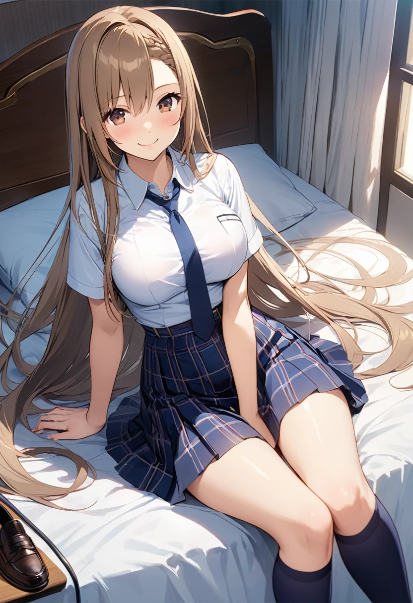 Highest quality、Super detailed、High resolution illustrations、Ultra-high-definition CG、8k size wallpaper、Production Art、Light novel illustrations、asuna yuuki, long hair, bangs, brown hair, brown eyes, very long hair, braid, Collared shirt、Navy blue tie、Navy tartan check pleated skirt、Navy blue knee socks、Black Loafers、On the bed in the nurse's office、Milking、masturbation behavior、