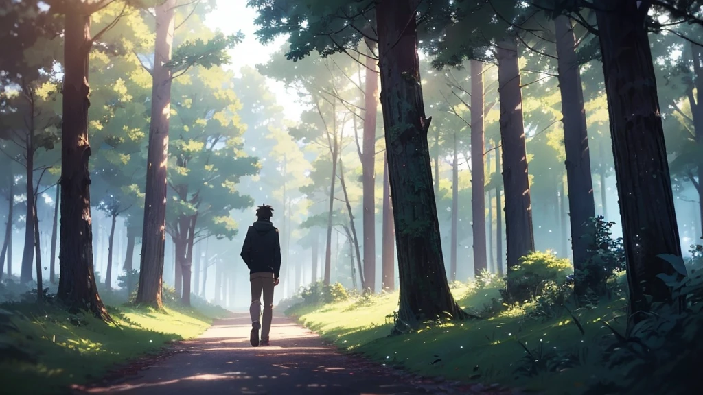 anime scene of a man with headphones in a forest, makoto shinkai art style, makoto shinkai style, style of makoto shinkai, makoto shinkai!, anime lush john 8k woods, in style of makoto shinkai, makoto shinkai!!, makoto shinkai. —h 2160