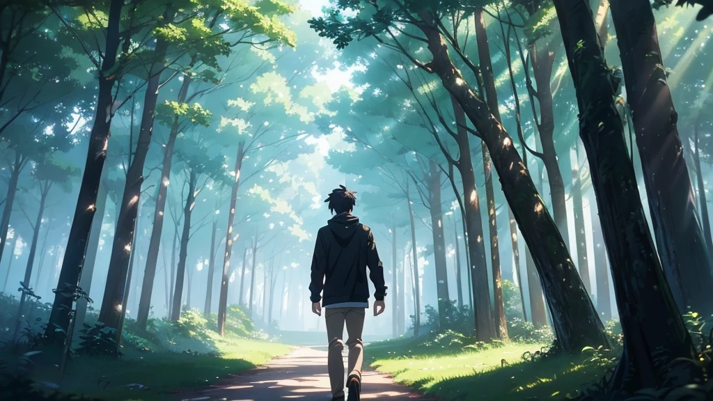 anime scene of a man with headphones in a forest, makoto shinkai art style, makoto shinkai style, style of makoto shinkai, makoto shinkai!, anime lush john 8k woods, in style of makoto shinkai, makoto shinkai!!, makoto shinkai. —h 2160
