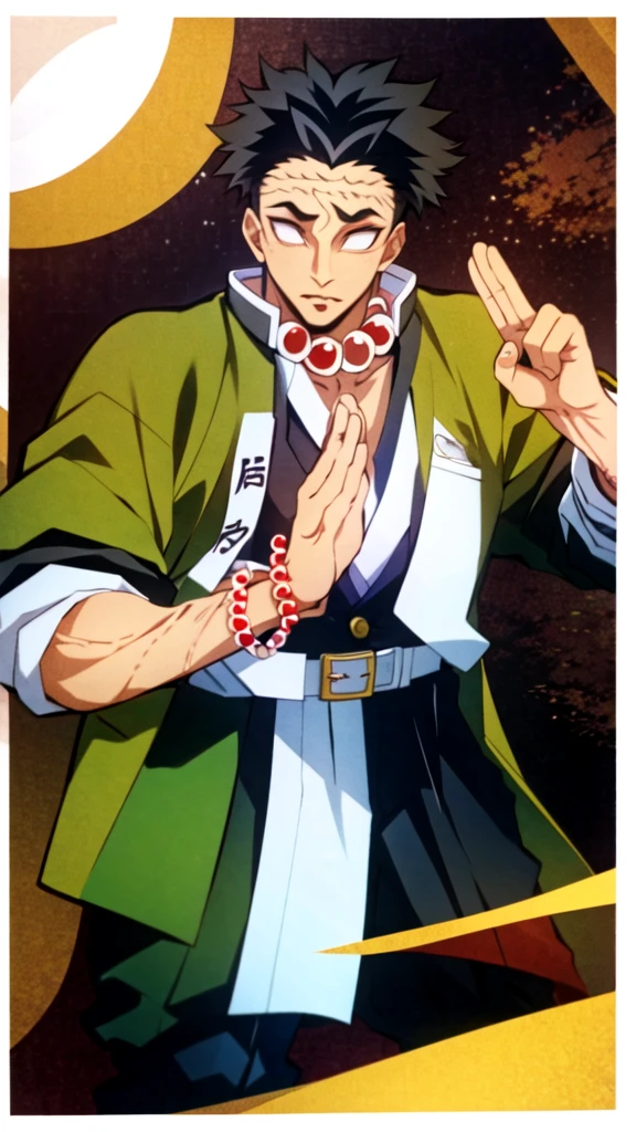 Gyomei, Mature Male, Muscular, Black Hair, (no eyes, white pupils, white eyes, blind), red Buddha beads around neck),  black and white Demon Slayer uniform, Olive Green Haori/ Happi