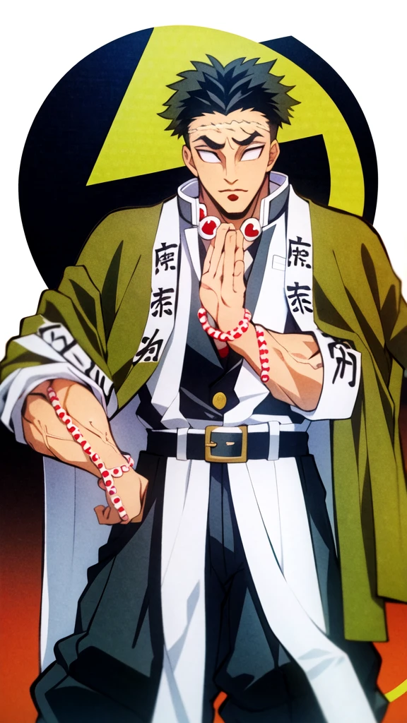 Gyomei, Mature Male, Muscular, Black Hair, (no eyes, white pupils, white eyes, blind), red Buddha beads around neck),  black and white Demon Slayer uniform, Olive Green Haori/ Happi