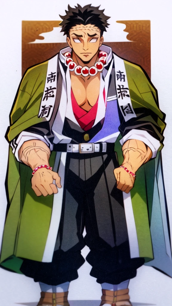 Gyomei, Mature Male, Muscular, Black Hair, (no eyes, white pupils, white eyes, blind), red Buddha beads around neck),  black and white Demon Slayer uniform, Olive Green Haori/ Happi