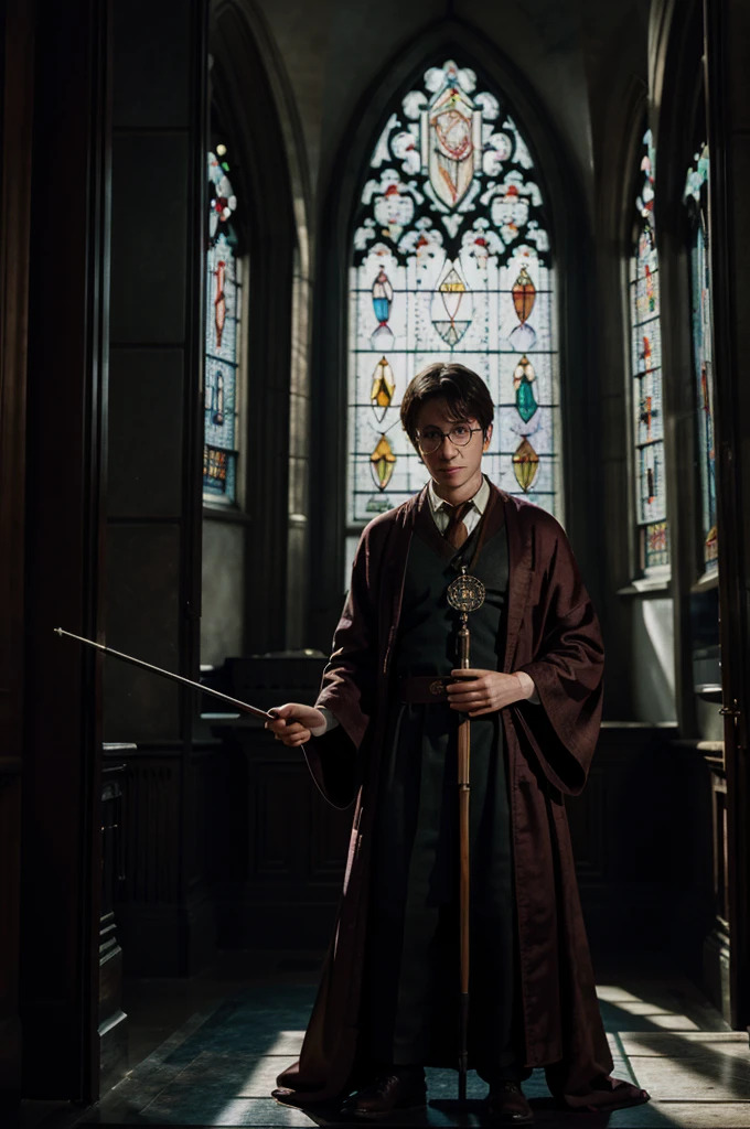 An illustration for a book about Harry Potter, standing against the background of a large stained-glass window, he is dressed in a traveling robe and holding a magic wand, his face is focused, his posture is tense, he is ready to fight evil.