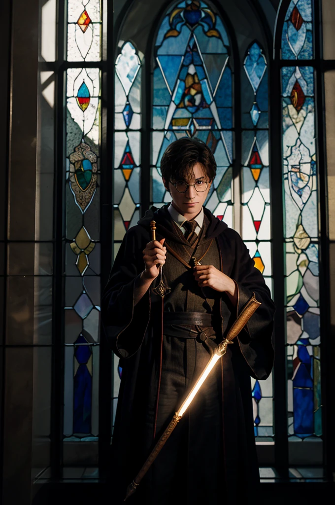 An illustration for a book about Harry Potter, standing against the background of a large stained-glass window, he is dressed in a traveling robe and holding a magic wand, his face is focused, his posture is tense, he is ready to fight evil.