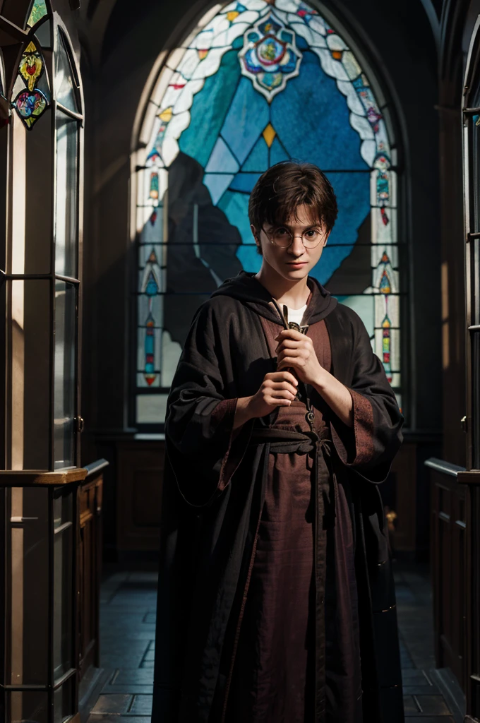 An illustration for a book about Harry Potter, standing against the background of a large stained-glass window, he is dressed in a traveling robe and holding a magic wand, his face is focused, his posture is tense, he is ready to fight evil.