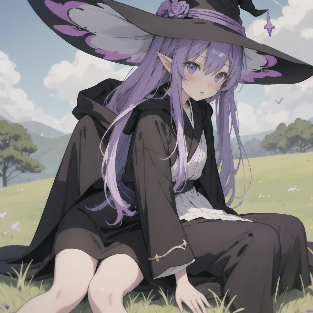 anime girl long purple hair wearing a black Robe. she has pointy ears. Witch Hat. Manga kawaii. iridescent ,An illustration, 0ne person .Sitting in the grass, hair blowing in the wind