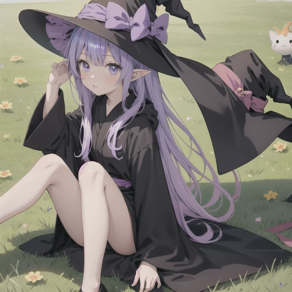 anime girl long purple hair wearing a black Robe. she has pointy ears. Witch Hat. Manga kawaii. iridescent ,An illustration, 0ne person .Sitting in the grass, hair blowing in the wind