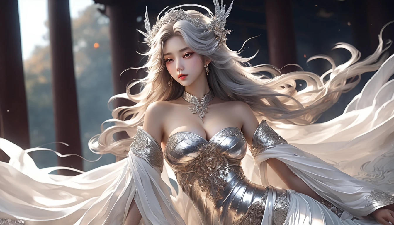 ((Super beautiful illustrations, 8K, masterpiece :1.2, Clear focus :1.2, Depth of Field:1.2)), Beautiful female swordsman, absurd, Highly detailed face and skin textures, Silver Hair, Black Armor, Flame armor, Cloak of flames, A flame-wrapped sword, Wings of Fire, Determination to overcome grief, Your gentle eyes reveal a firm determination , Strong soul woman in transparent dress,Viewer,(((Full breasts, Keeley University))),Slim waist,(Navel exposed,Bare waist), Long hair, extreme detailed details, Detailed fantasy art, Stunning character art, Beautiful and exquisite character art, Beautiful transparent dress, Very detailed, Girl wearing flowing Hanfu, Exquisite headpieces and jewellery,Crystal jewelry filigree, galaxy, Stunning visuals, (Dynamic Stripes, light rail:1.2), Vibrant colors,Long hair动漫女孩和狐狸, 美丽的白金色Angel女士, 白毛Angel, Beautiful character painting, Beautiful anime portrait, Angel翅膀的女孩, a beautiful Angel woman, Mystical artwork, Guweiz, by Ren Renfa, Angel, Large Breasts，Full breasts，Golden ratio figure，Perfect body，Ultra wide-angle shooting，Full body shot，Body close-up，Full body shot，Wearing a pleated tulle skirt，Soft anime illustration, Soft dark background，Fujifilm XT3 Clear focus, f 5.6, High Detail, Clear focus, Dramatic, (Wearing openwork clothing), (Looking at the audience:1.8), (Natural light), (Tempting)translucent, Good velvet quality, Compared, Divine Light,, Silver gray hair, Sky background, Absolute Strength,女性Angel，Girl in sexy silk,，Large Breasts，Full breasts，Golden ratio figure，Perfect body，Ultra wide-angle shooting，Full body shot，Body close-up，Full body shot， Wearing a tulle dress, Model shooting style, Large Breasts，Full breasts，Golden ratio figure，Perfect body，(Extremely detailed CG 8k wallpaper unit), The most beautiful artistic photos in the world, , 8K Ultra HD, ) On the big white bed，Lazy gesture，Charming and seductive expression，best quality,masterpiece,Ultra-high resolution,(Practical:1.4),original photo,Ultra-high resolution，White skin，Exquisite makeup，Long legs，Bright beautiful eyes，用深色眼影打造Exquisite makeup，