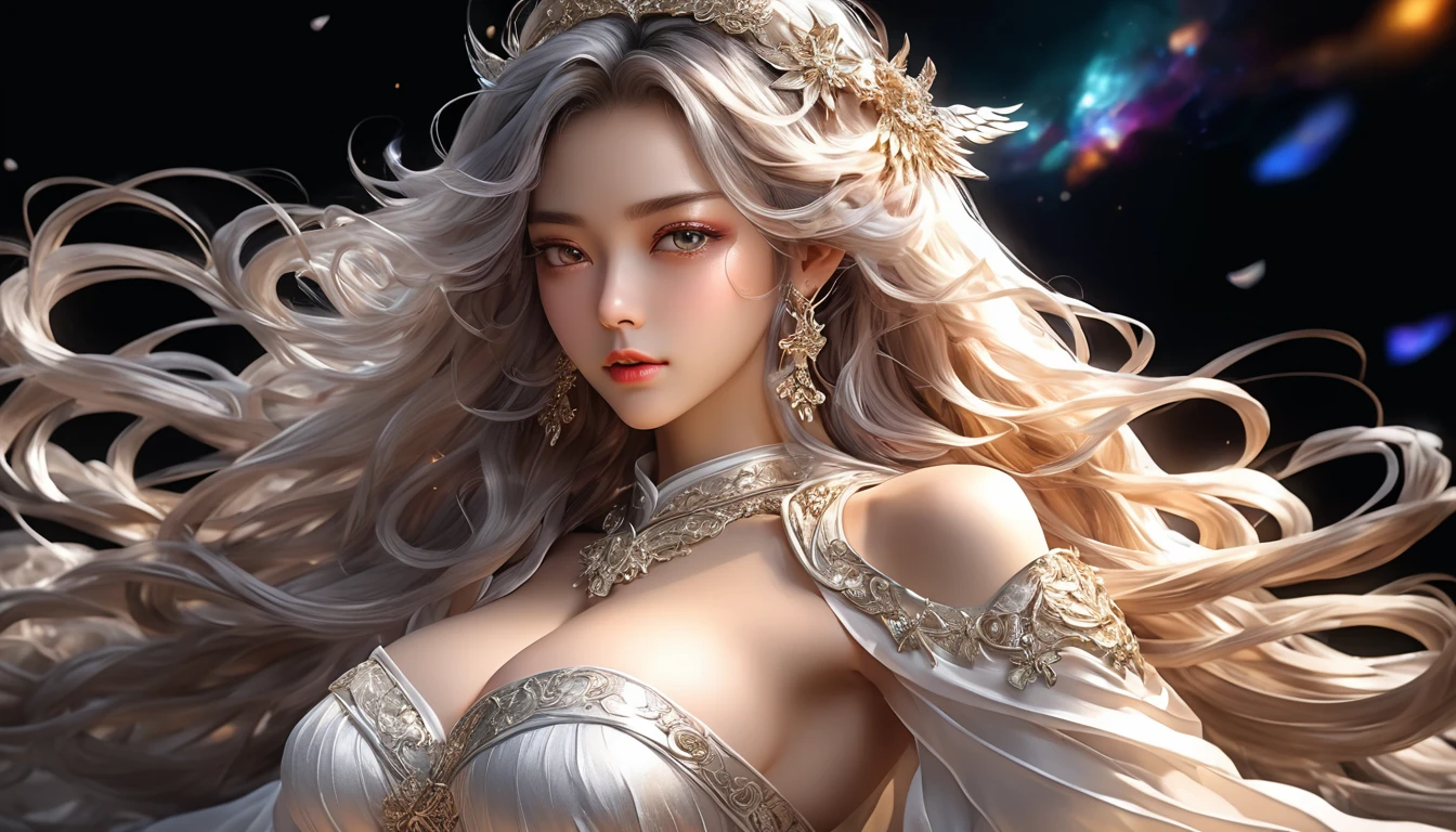 ((Super beautiful illustrations, 8K, masterpiece :1.2, Clear focus :1.2, Depth of Field:1.2)), Beautiful female swordsman, absurd, Highly detailed face and skin textures, Silver Hair, Black Armor, Flame armor, Cloak of flames, A flame-wrapped sword, Wings of Fire, Determination to overcome grief, Your gentle eyes reveal a firm determination , Strong soul woman in transparent dress,Viewer,(((Full breasts, Keeley University))),Slim waist,(Navel exposed,Bare waist), Long hair, extreme detailed details, Detailed fantasy art, Stunning character art, Beautiful and exquisite character art, Beautiful transparent dress, Very detailed, Girl wearing flowing Hanfu, Exquisite headpieces and jewellery,Crystal jewelry filigree, galaxy, Stunning visuals, (Dynamic Stripes, light rail:1.2), Vibrant colors,Long hair动漫女孩和狐狸, 美丽的白金色Angel女士, 白毛Angel, Beautiful character painting, Beautiful anime portrait, Angel翅膀的女孩, a beautiful Angel woman, Mystical artwork, Guweiz, by Ren Renfa, Angel, Large Breasts，Full breasts，Golden ratio figure，Perfect body，Ultra wide-angle shooting，Full body shot，Body close-up，Full body shot，Wearing a pleated tulle skirt，Soft anime illustration, Soft dark background，Fujifilm XT3 Clear focus, f 5.6, High Detail, Clear focus, Dramatic, (Wearing openwork clothing), (Looking at the audience:1.8), (Natural light), (Tempting)translucent, Good velvet quality, Compared, Divine Light,, Silver gray hair, Sky background, Absolute Strength,女性Angel，Girl in sexy silk,，Large Breasts，Full breasts，Golden ratio figure，Perfect body，Ultra wide-angle shooting，Full body shot，Body close-up，Full body shot， Wearing a tulle dress, Model shooting style, Large Breasts，Full breasts，Golden ratio figure，Perfect body，(Extremely detailed CG 8k wallpaper unit), The most beautiful artistic photos in the world, , 8K Ultra HD, ) On the big white bed，Lazy gesture，Charming and seductive expression，best quality,masterpiece,Ultra-high resolution,(Practical:1.4),original photo,Ultra-high resolution，White skin，Exquisite makeup，Long legs，Bright beautiful eyes，用深色眼影打造Exquisite makeup，