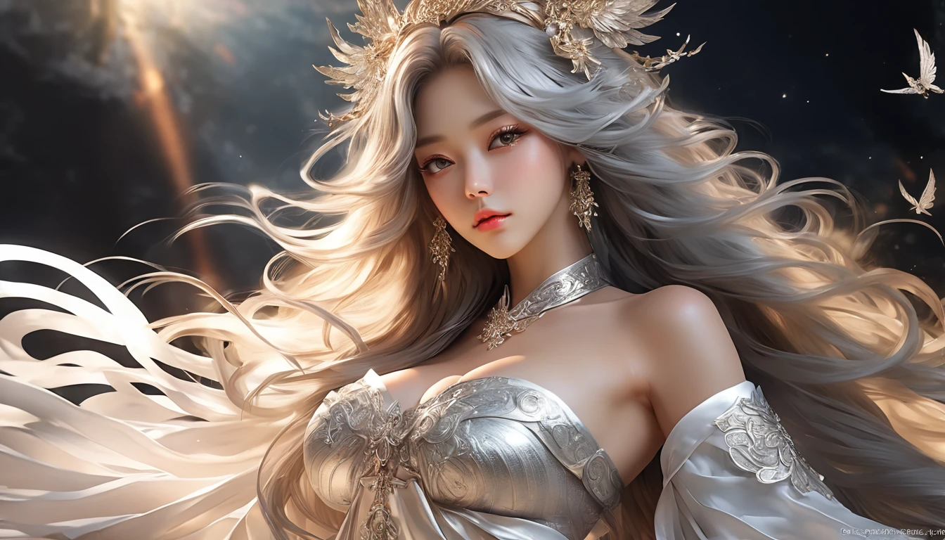 ((Super beautiful illustrations, 8K, masterpiece :1.2, Clear focus :1.2, Depth of Field:1.2)), Beautiful female swordsman, absurd, Highly detailed face and skin textures, Silver Hair, Black Armor, Flame armor, Cloak of flames, A flame-wrapped sword, Wings of Fire, Determination to overcome grief, Your gentle eyes reveal a firm determination , Strong soul woman in transparent dress,Viewer,(((Full breasts, Keeley University))),Slim waist,(Navel exposed,Bare waist), Long hair, extreme detailed details, Detailed fantasy art, Stunning character art, Beautiful and exquisite character art, Beautiful transparent dress, Very detailed, Girl wearing flowing Hanfu, Exquisite headpieces and jewellery,Crystal jewelry filigree, galaxy, Stunning visuals, (Dynamic Stripes, light rail:1.2), Vibrant colors,Long hair动漫女孩和狐狸, 美丽的白金色Angel女士, 白毛Angel, Beautiful character painting, Beautiful anime portrait, Angel翅膀的女孩, a beautiful Angel woman, Mystical artwork, Guweiz, by Ren Renfa, Angel, Large Breasts,Full breasts,Golden ratio figure,Perfect body,Ultra wide-angle shooting,Full body shot,Body close-up,Full body shot,Wearing a pleated tulle skirt,Soft anime illustration, Soft dark background,Fujifilm XT3 Clear focus, f 5.6, High Detail, Clear focus, Dramatic, (Wearing openwork clothing), (Looking at the audience:1.8), (Natural light), (Tempting)translucent, Good velvet quality, Compared, Divine Light,, Silver gray hair, Sky background, Absolute Strength,女性Angel,Girl in sexy silk,,Large Breasts,Full breasts,Golden ratio figure,Perfect body,Ultra wide-angle shooting,Full body shot,Body close-up,Full body shot, Wearing a tulle dress, Model shooting style, Large Breasts,Full breasts,Golden ratio figure,Perfect body,(Extremely detailed CG 8k wallpaper unit), The most beautiful artistic photos in the world, , 8K Ultra HD, ) On the big white bed,Lazy gesture,Charming and seductive expression,best quality,masterpiece,Ultra-high resolution,(Practical:1.4),original photo,Ultra-high resolution,White skin,Exquisite makeup,Long legs,Bright beautiful eyes,用深色眼影打造Exquisite makeup,