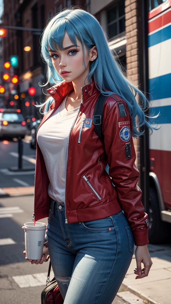 Optimus Prime human woman with red jacket and white shirt with blue hair and blue eyes 