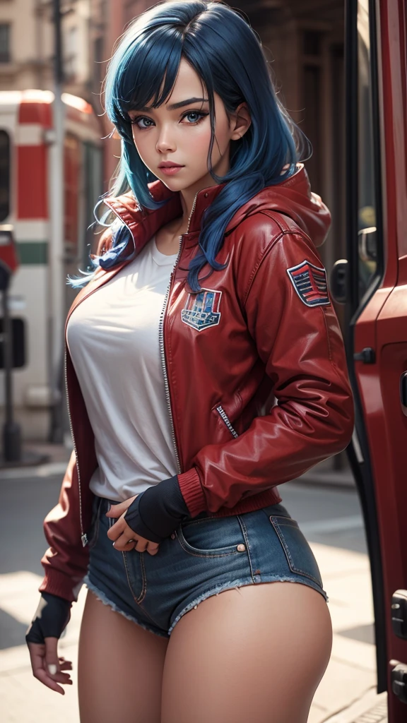 Optimus Prime human woman with red jacket and white shirt with blue hair and blue eyes