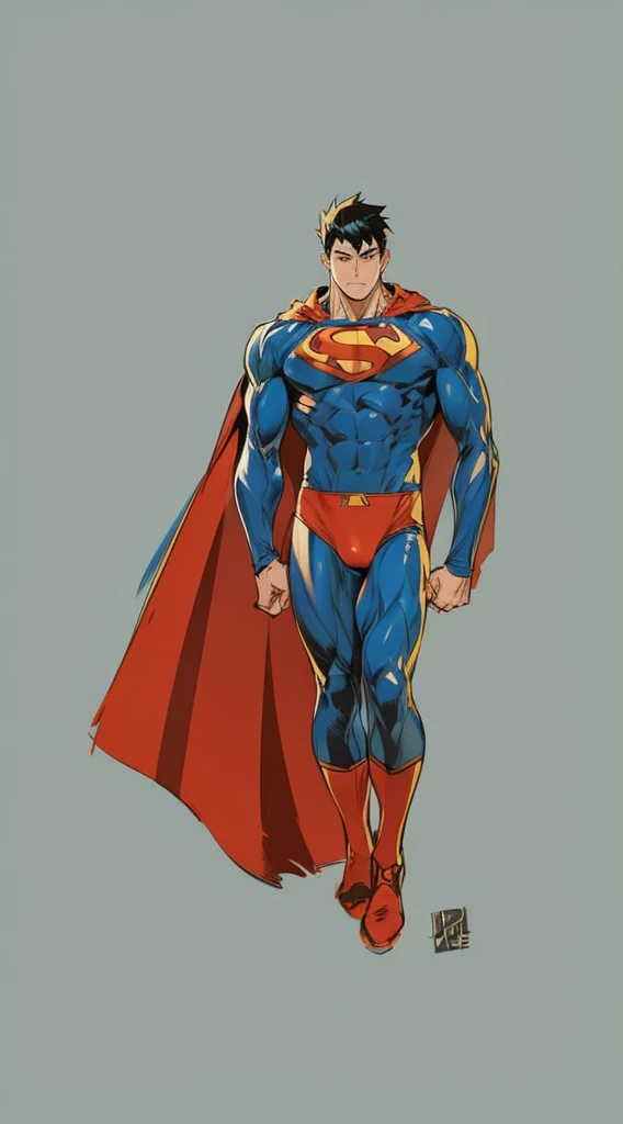 ysuke murata style, Hold the pose, but draw with flat colors, cel shading, limited color palette and simplified lighting. The body must be muscular and athletic, superhero outfit with cape and long hair.