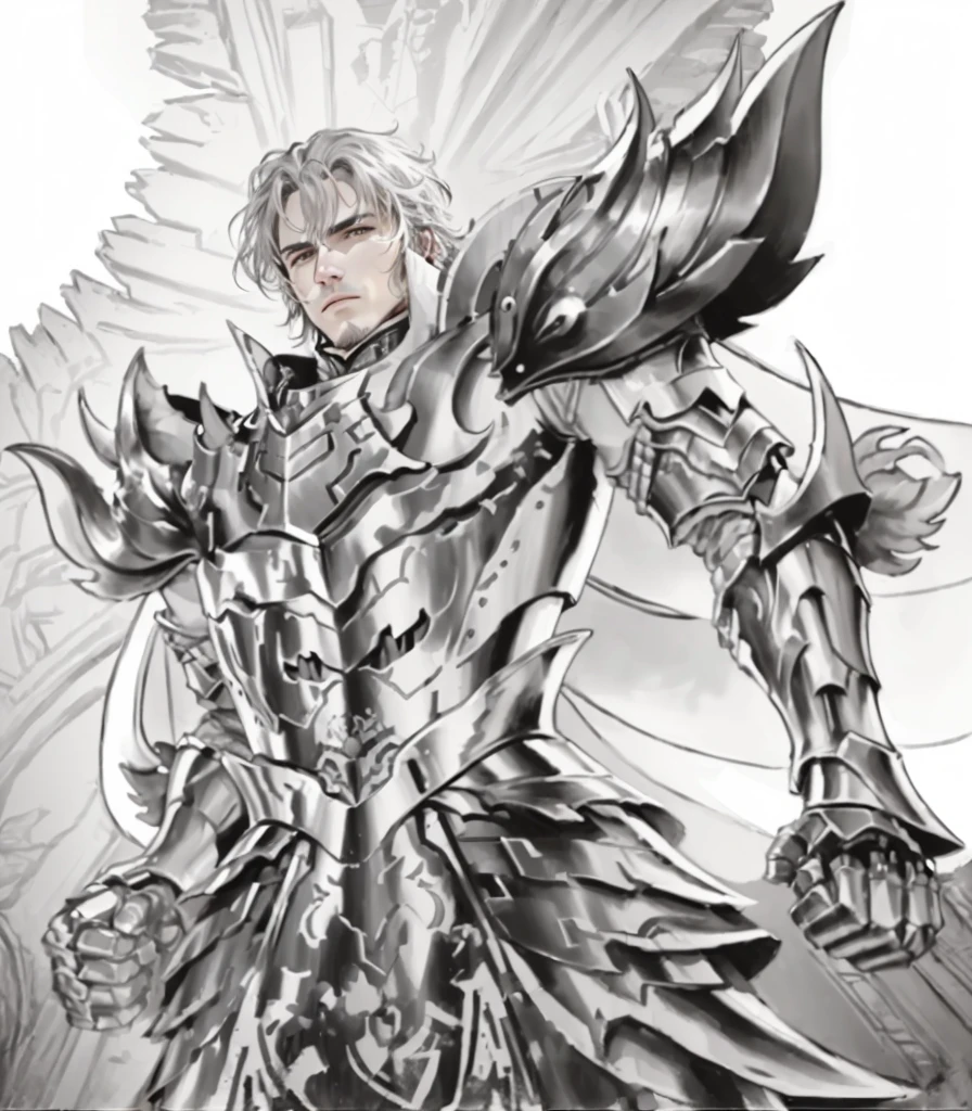 A drawing of a man in armor, giovanna's day, kentaro miura manga art style, Saint Seiya, god brando, covered in full silver armor, amazing manga art style, Detailed key anime art, joseph joestar, kentaro miura manga style, german fury, Intense line art, highly detailed official artwork