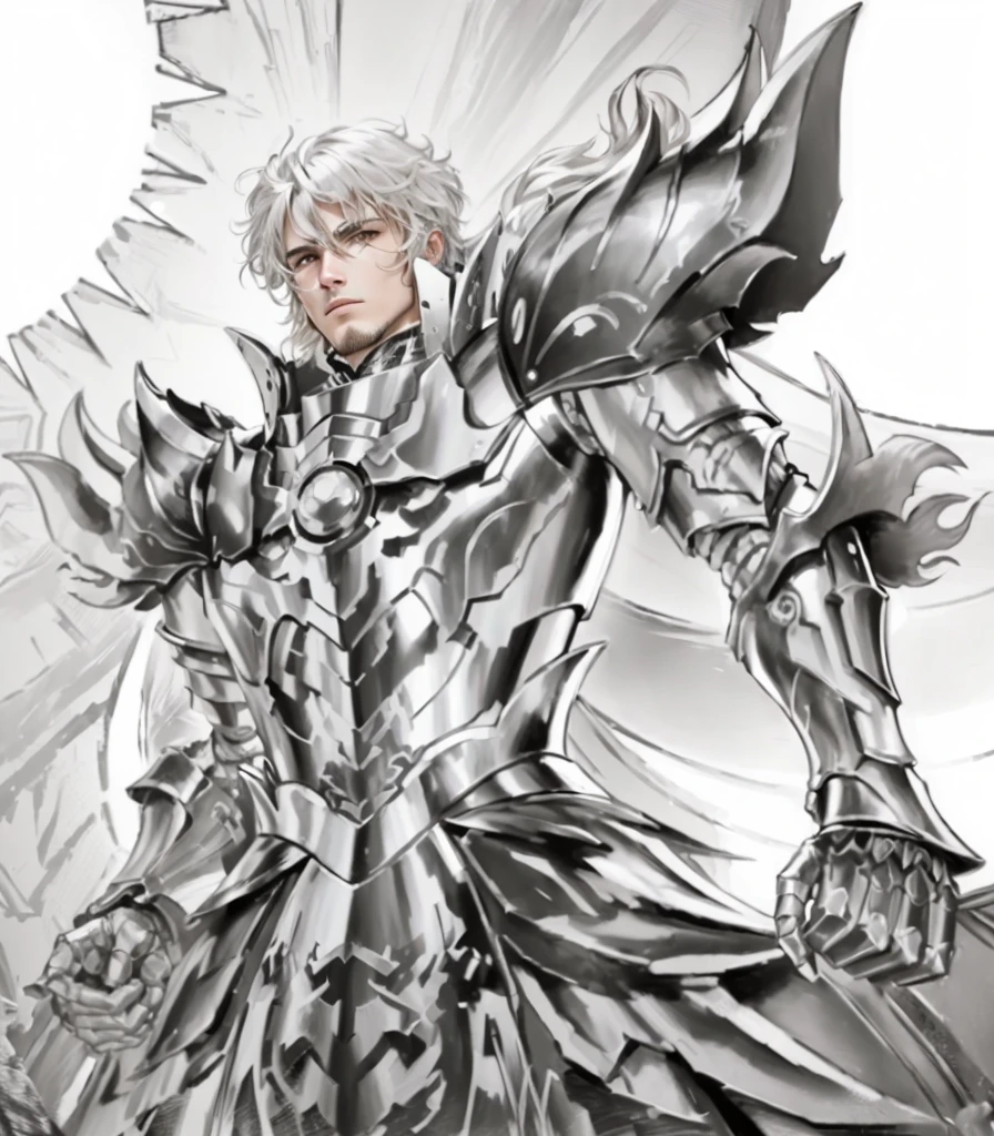 A drawing of a man in armor, giovanna's day, kentaro miura manga art style, Saint Seiya, god brando, covered in full silver armor, amazing manga art style, Detailed key anime art, joseph joestar, kentaro miura manga style, german fury, Intense line art, highly detailed official artwork
