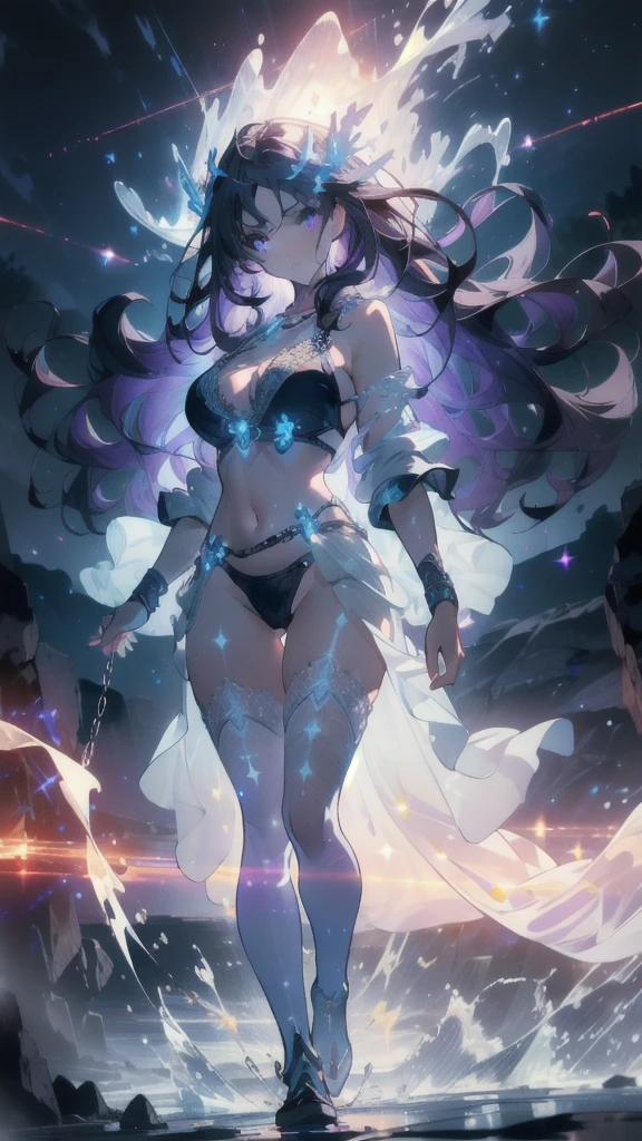 ((masterpiece, best quality)), Epic battlefield atmosphere,Delicate face,goddess,Starry Sky,whole body,Standing picture,glowing purple eyes,Large Breasts,Gradient white long wavy hair,Perfect body proportions,Pure white background,firefly,Water Ripples,Lace,Transparent sex bikini,whip,chain
