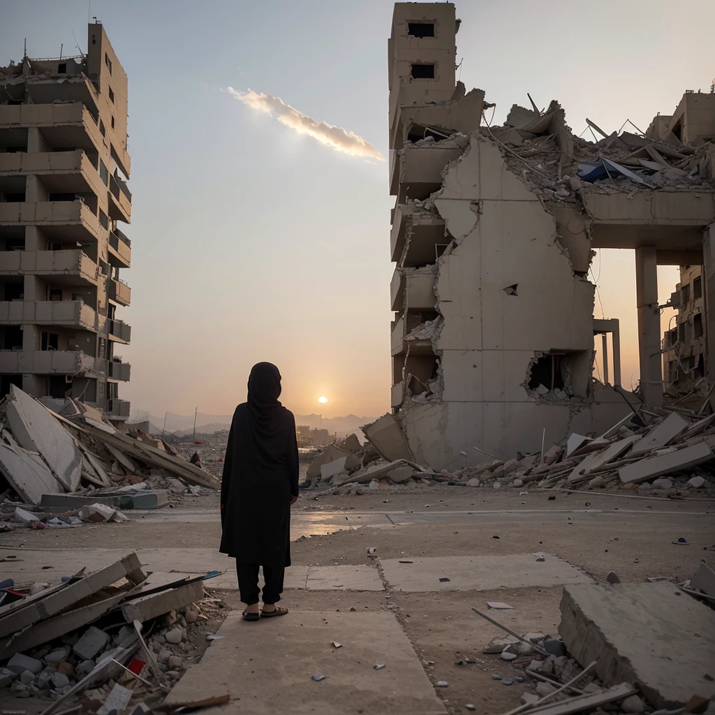 Flag of Palestine, sunset, Palestine earthquake, one little Hijab girl from behind waving Flag of Palestine looking at rubble and destruction, sad, Hopes, (Tafah:1.1) (Best quality) (Hinge) (complicated) (8 kilos) (Human development report) (Cinema lighting) (Intense focus:1.1), Flag of Palestine, Hijab, Muslim