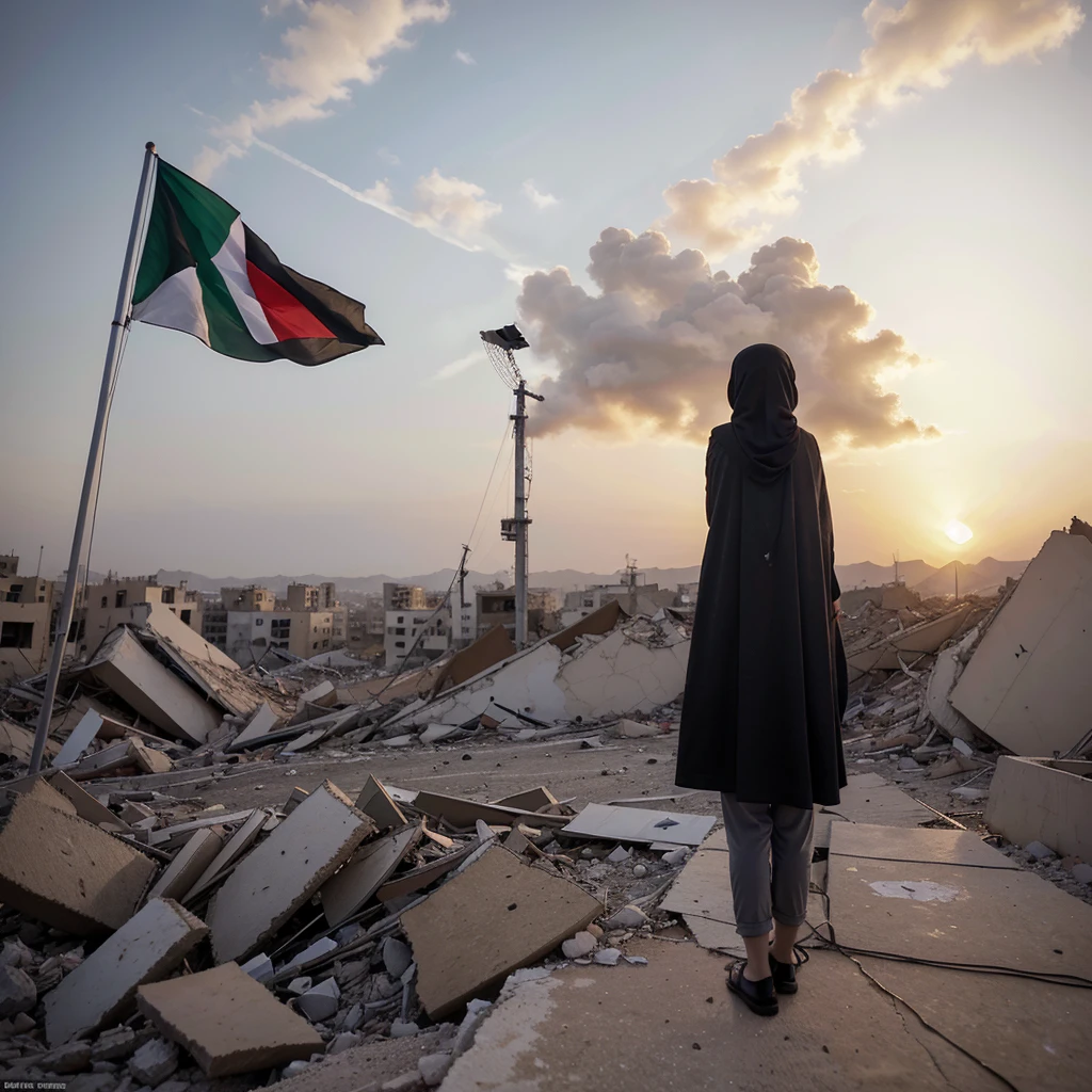Flag of Palestine, sunset, Palestine earthquake, one little Hijab girl from behind waving Flag of Palestine looking at rubble and destruction, sad, Hopes, (Tafah:1.1) (Best quality) (Hinge) (complicated) (8 kilos) (Human development report) (Cinema lighting) (Intense focus:1.1), Flag of Palestine, Hijab, Muslim