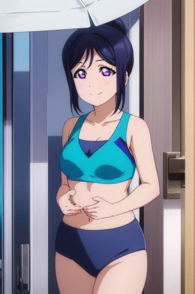 (((pixel-perfect, detail-perfect))), solo, 1girl, kanan matsuura, smile, eyes violet, hair blue, sauna pool, bikini, armpit, medium filesize, ultra High Qality
