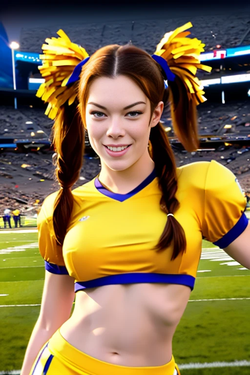 Stoya as a cheerleader with twin tails, smile, midriff, football stadium,beautiful face,looking at viewer, sexy woman ,realistic,celebrity woman, hot woman,(masterpiece, high quality:1.2)  