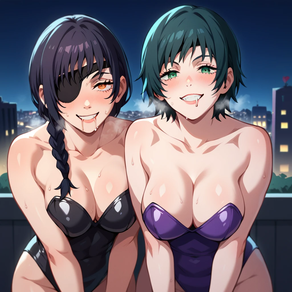 mature female, mature, Adult, himeno, himeno(Chainsaw Man), makima, makima(Chainsaw Man), 2girls, black hair, short hair, braided ponytail, eyepatch, seductive smile, evil grin, aroused, in heat, nsfw, steam, breath, sweat, drooling, Villains, Bending forward, Spread arms, Raise arms, latex purple leotards under the black capes, chest, View your audience, Night town, City, skyscraper, Night, Dark, masterpiece, Top animation quality，Top image quality,