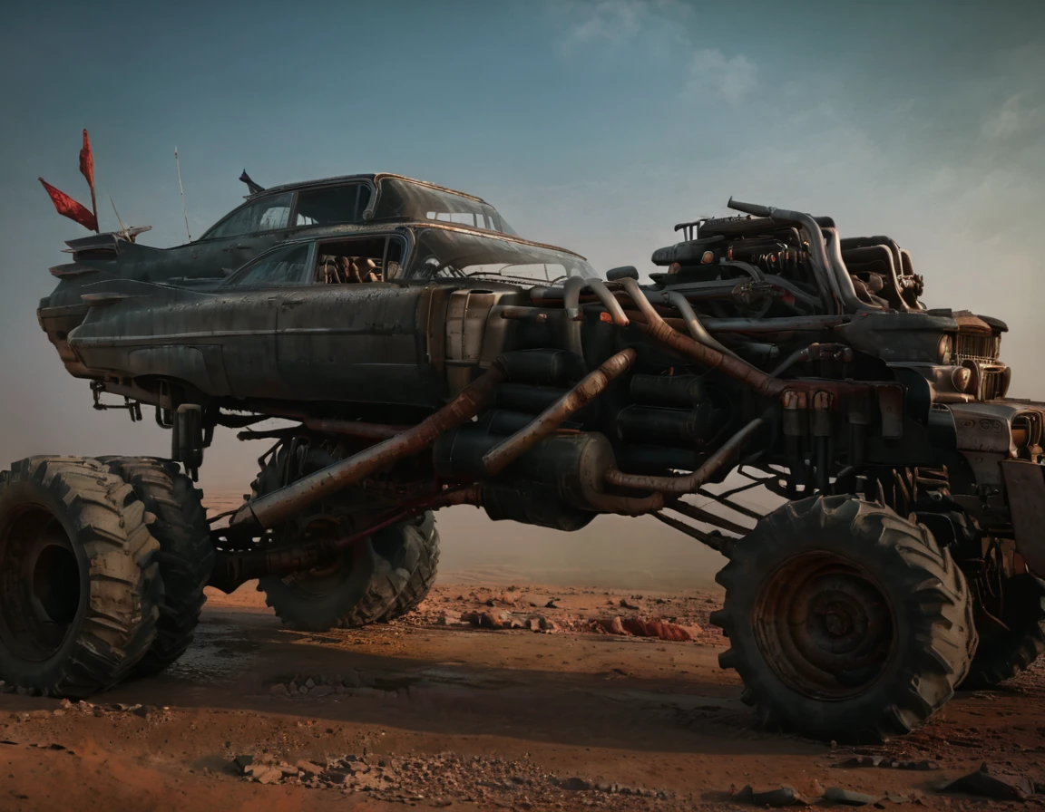 a powerful off-roader, post-apocalyptic, mad max style, weathered and dystopian, desert landscape, dramatic lighting, vibrant colors, gritty and rugged, heavily modified vehicle, massive wheels, spikes and armor plating, menacing presence, cinematic composition, ultra-detailed, 8k, photorealistic, dramatic angles, chiaroscuro lighting, volumetric fog, dust and grime effects, worn and battle-damaged, ominous atmosphere, cinematic depth of field, dramatic color grading, intense shadows and highlights