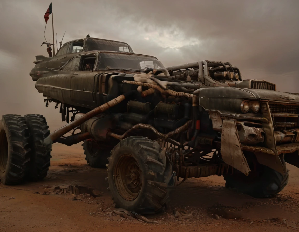 a powerful off-roader, post-apocalyptic, mad max style, weathered and dystopian, desert landscape, dramatic lighting, vibrant colors, gritty and rugged, heavily modified vehicle, massive wheels, spikes and armor plating, menacing presence, cinematic composition, ultra-detailed, 8k, photorealistic, dramatic angles, chiaroscuro lighting, volumetric fog, dust and grime effects, worn and battle-damaged, ominous atmosphere, cinematic depth of field, dramatic color grading, intense shadows and highlights