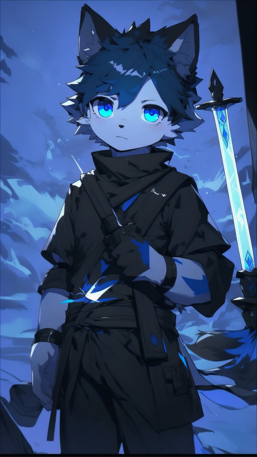 White Wolf，black hair，Sky blue eyes，hairy，Wolf ears，Wolf tail，Full body portrait，The character is in the center of the frame，Handsome，Confident eye***but，juvenile，Black and white combat uniform，Red neck bib，Black shorts，Short sleeve，hairy arms and legs，Dark background，Dark battlefield，dawn，sunrise，dawn，illumination，shadow，Swordsman，Scabbard and Hold the hilt of a in your hand，The scabbard is at the waist，Highest quality,A tall stature